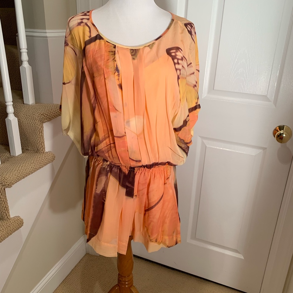 NWT, Silk dress, light orange w butterfly print.
